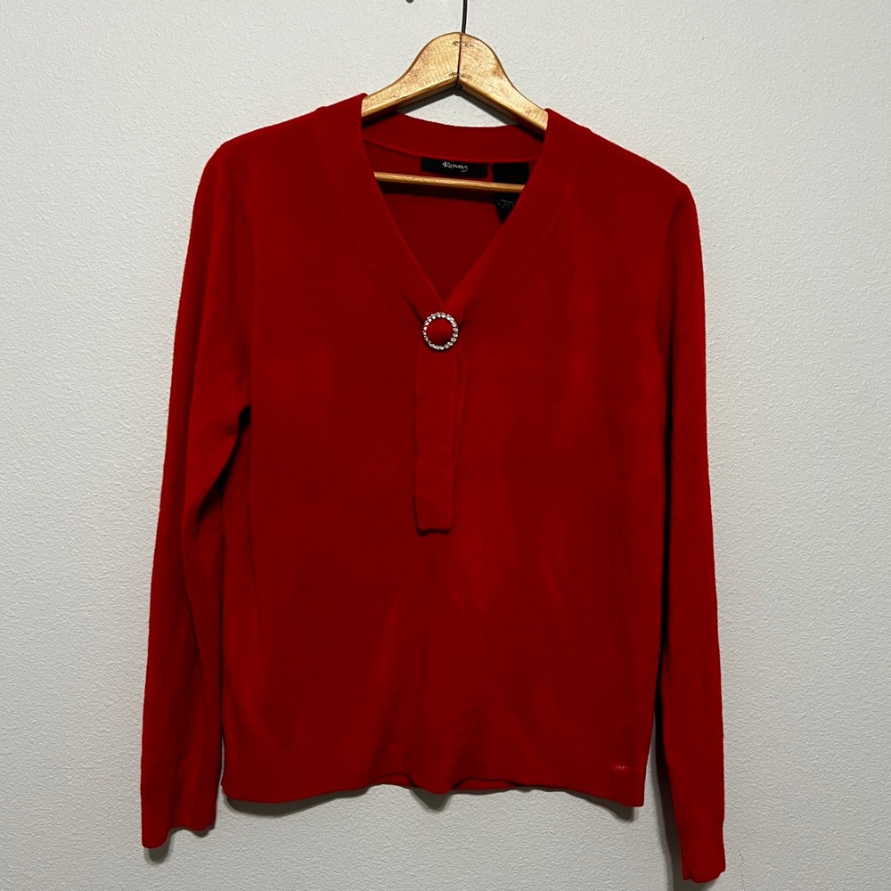 Raisey Red V Neck Sweater Rhinestone Embellished Long Sleeve Knit Top XXL